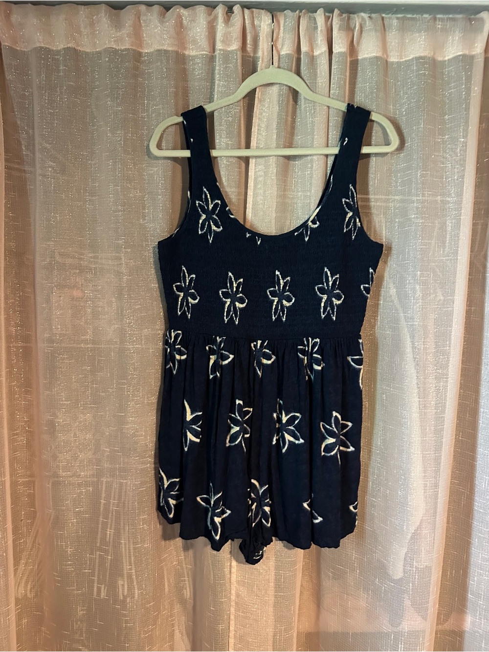 American Eagle Outfitters Navy Romper with White Floral Appliqué